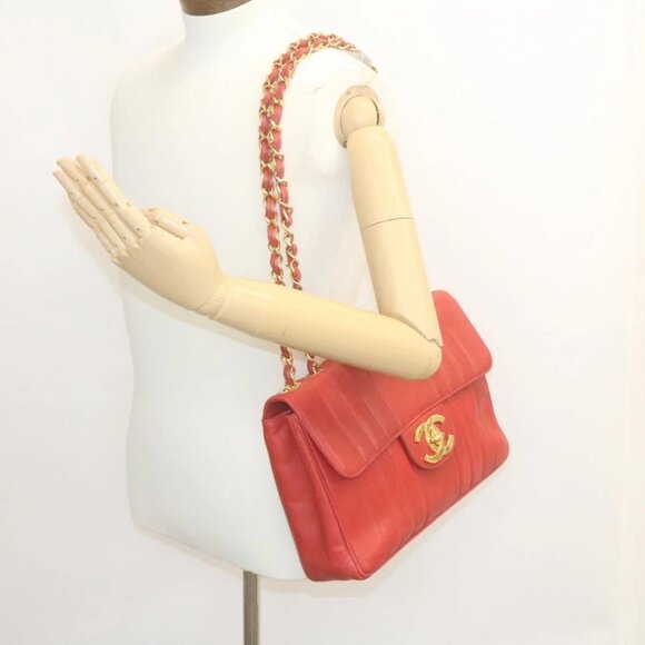 CHANEL Mademoiselle Big Coco Double Chain Shoulder Bag Lamb Skin Red Auth 29129A - Picture 3 of 16